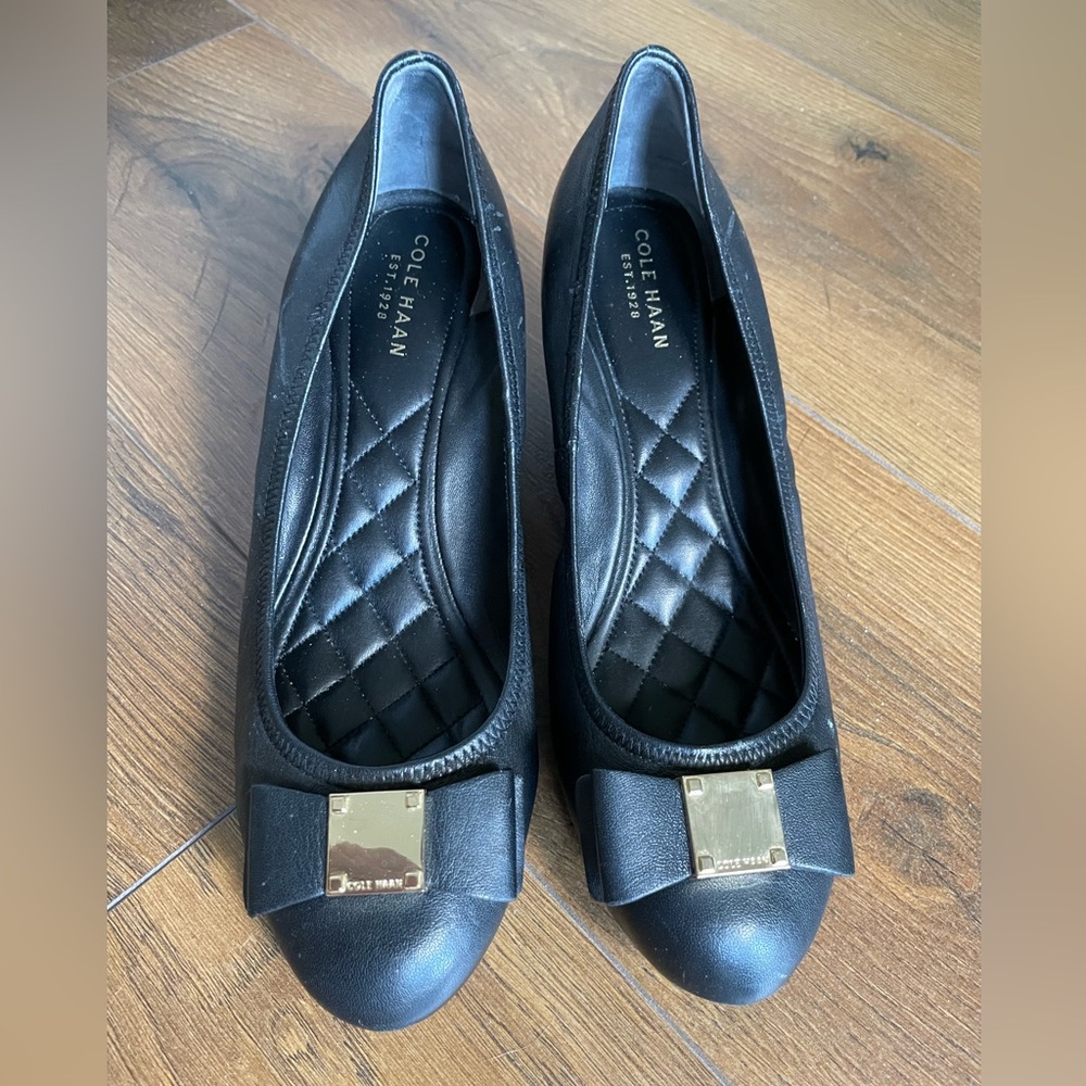 Cole Haan Grand OS black and gold leather wedges